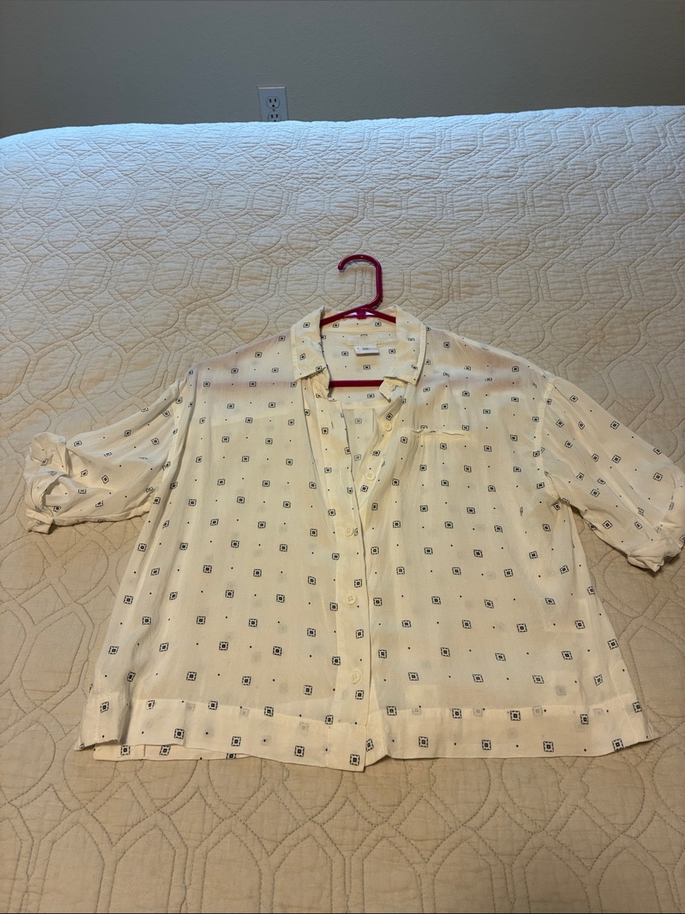 Cooperative Cream Button-Front Blouse with Navy Square Motif